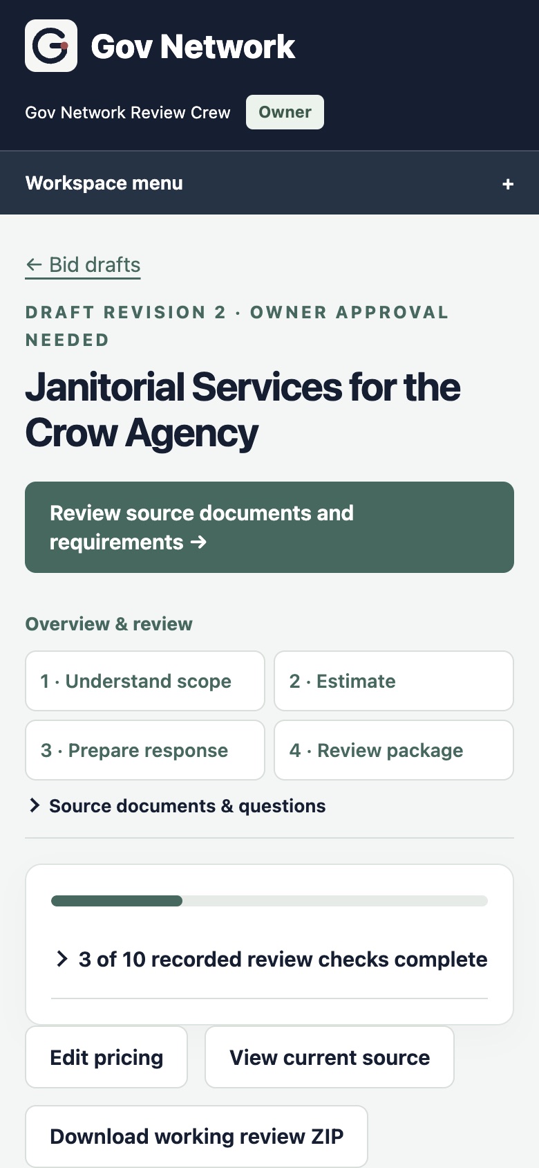 Gov Network bid workspace on a phone, showing the next review step for a janitorial bid