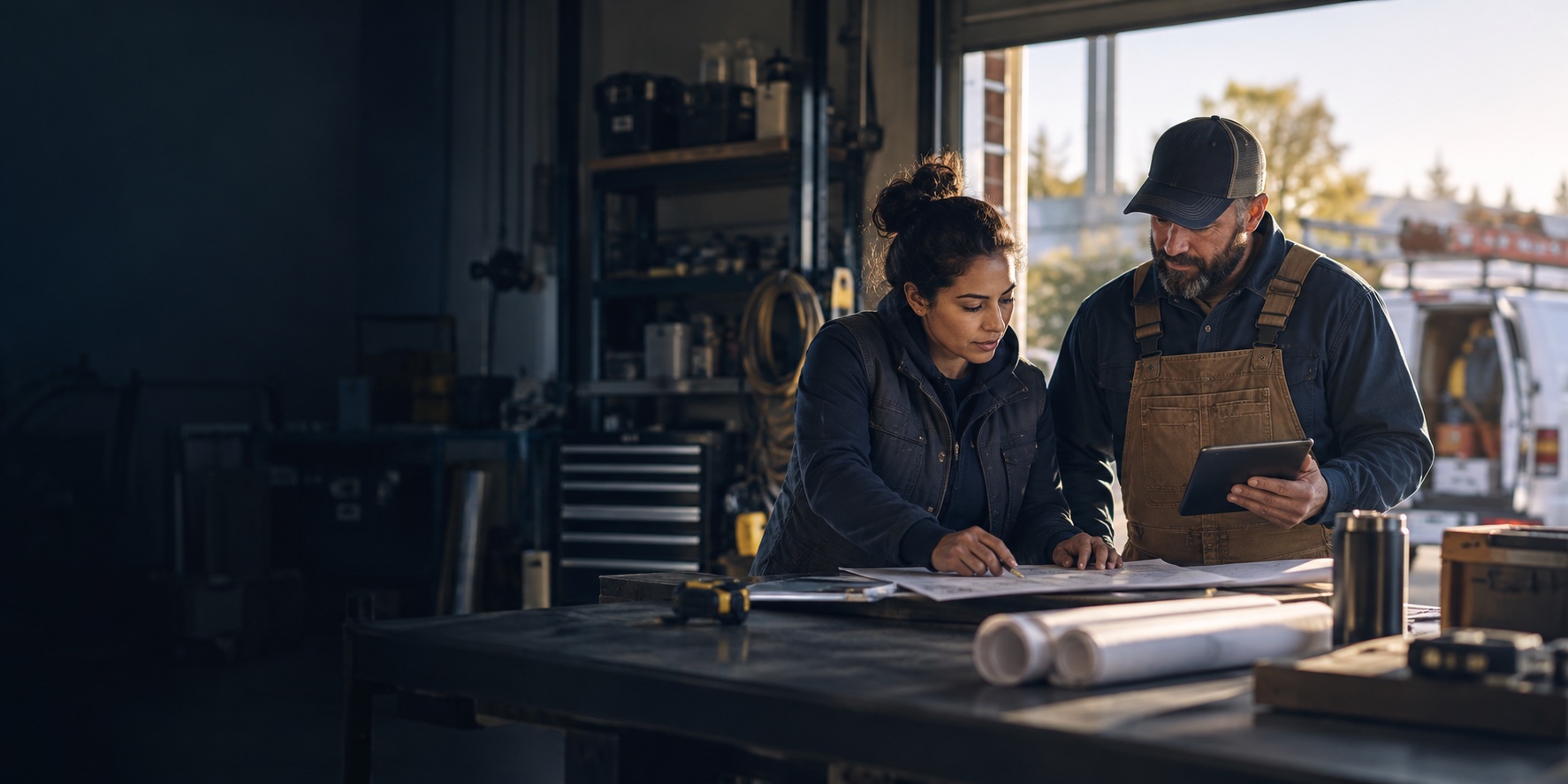 Two service contractors review project plans together in their workshop